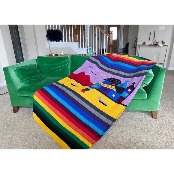 vintage 80s RAINBOW STRIPED Iglesia MEXICAN Blanket serape woven Falsa blanket - Picture 4 of 10